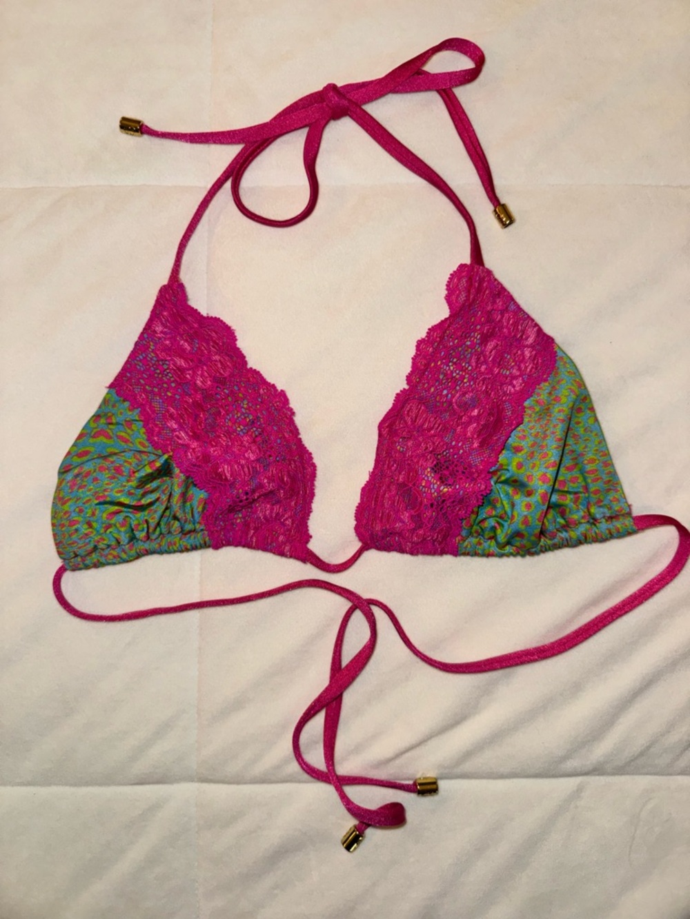 Beach Bunny Pink and Green Lace Triangle Bikini Top